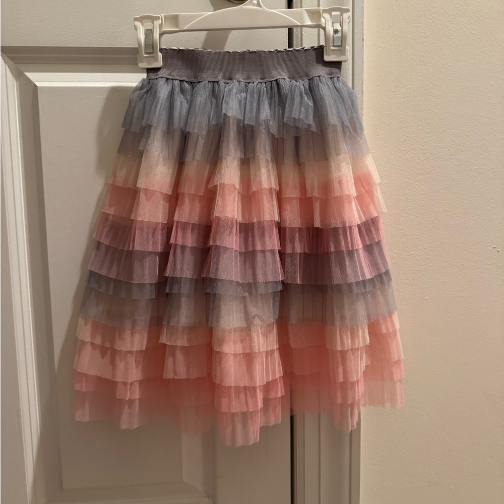 Toddler Girls Midi Skirt with Tiered Layers soft pinks and grays elastic waist